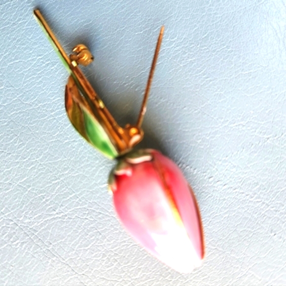 40s SANDOR CO Rose Pink Tulip Bud Olive Green Leaves Enamel Gold RARE Pin Brooch - Picture 10 of 16